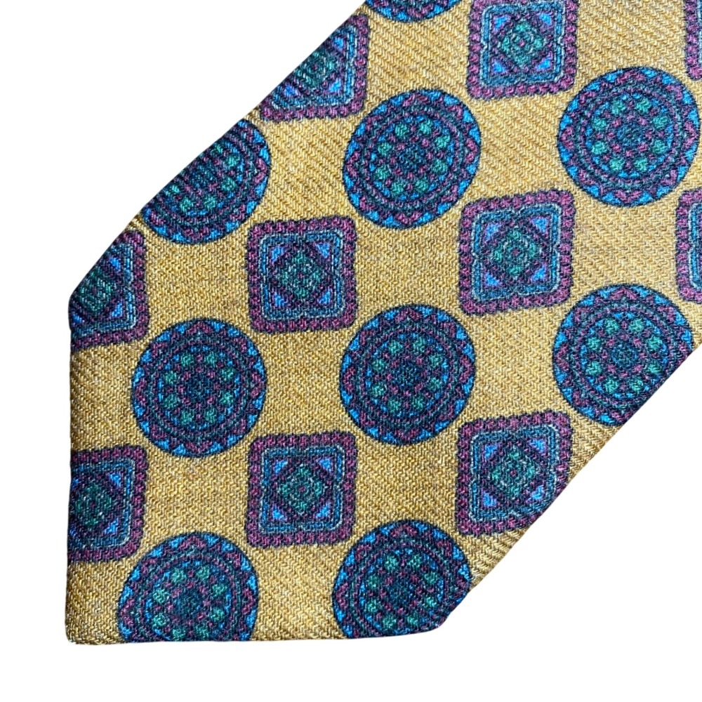 Neiman Marcus Mens 100% Wool Tie Mustard Gold Geometric Medallion Handmade Italy